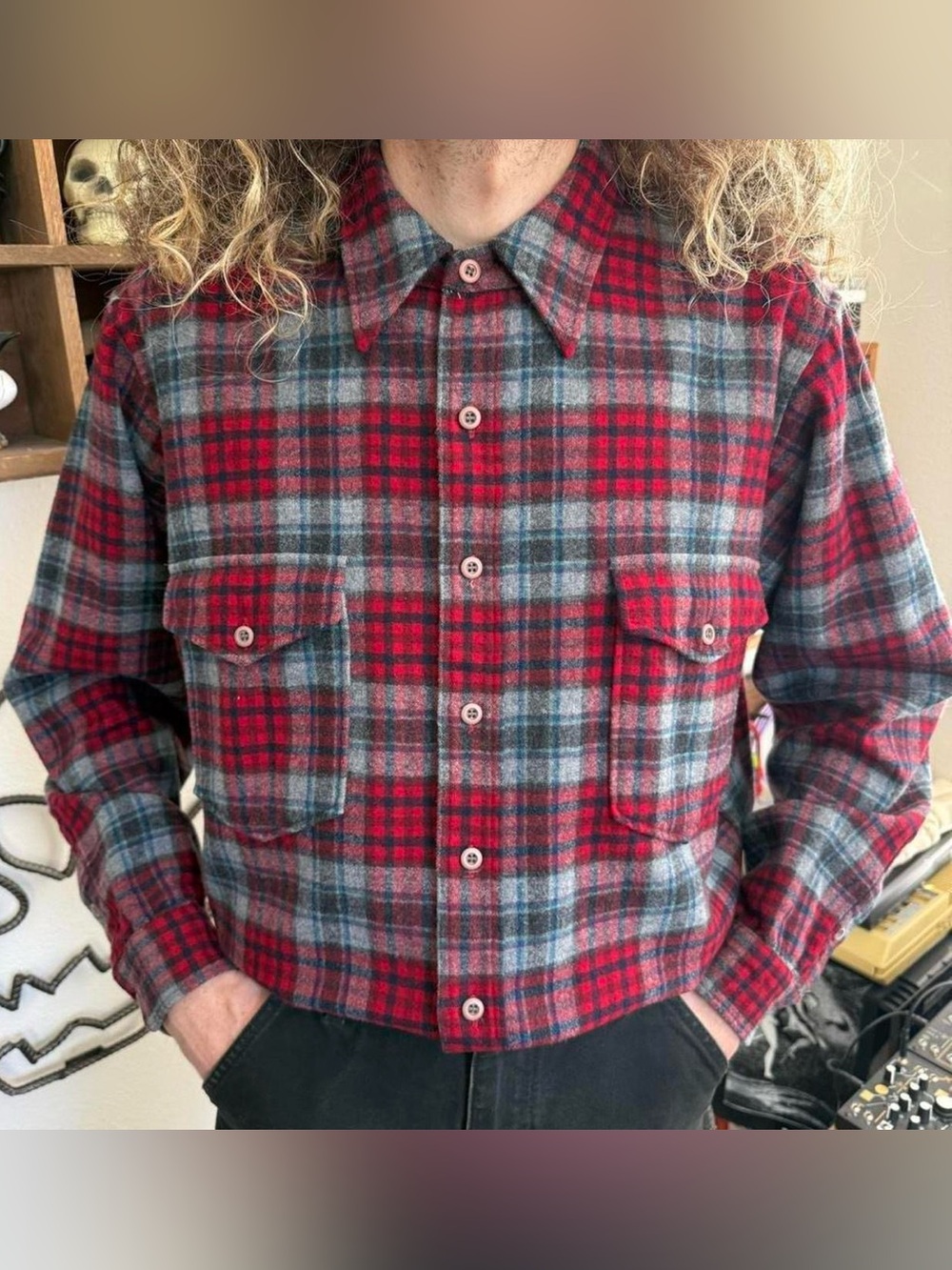 Vintage 60s 70s Pendleton Plaid Wool Flannel Field Shirt ~ Size XL